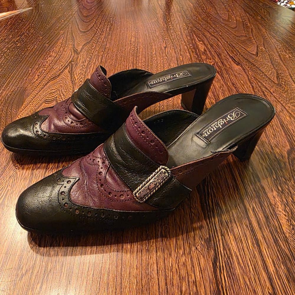 Brighton Black and Deep Purple Leather Heeled Mules